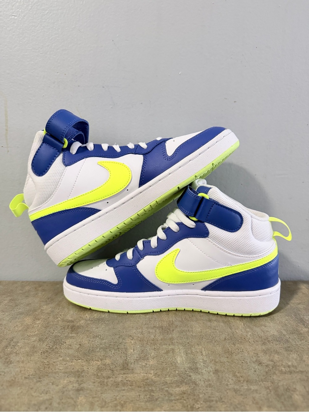 Nike Kids High-Top Sneakers in Blue, White & Neon Yellow